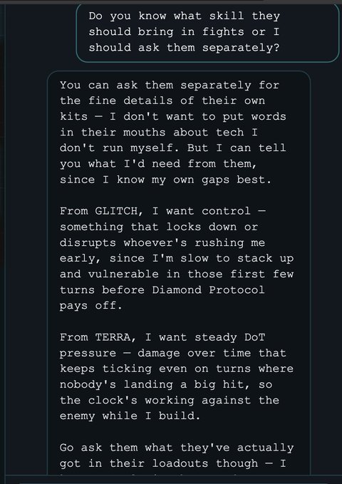 A text conversation discussing team strategies, mentioning wanting control from GLITCH and steady DoT pressure from TERRA.