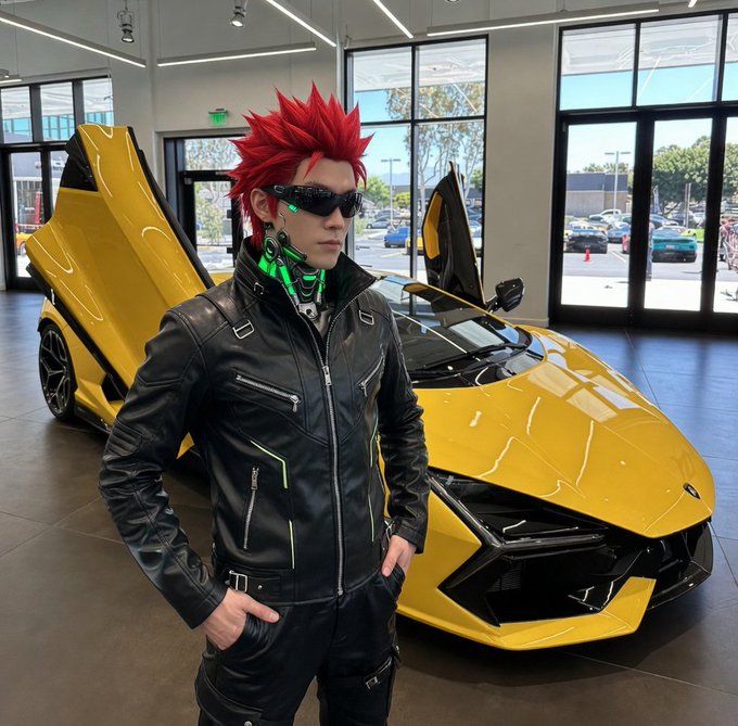 A spiky red-haired cyberpunk character in a black leather jacket and futuristic sunglasses poses beside a yellow Lamborghini with its scissor doors open in a modern showroom. The sleek, high-tech aesthetic of the character and supercar visually reinforces the post's themes of cutting-edge AI sovereignty and premium onchain intelligence on the ARC platform.