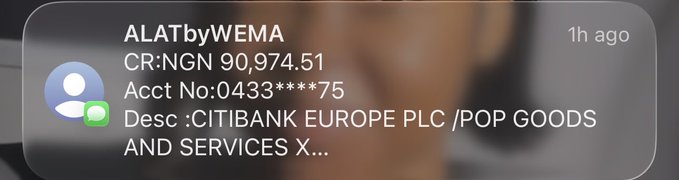A payment notification screenshot from ALATbyWEMA showing a credit of 90,974.51 NGN to an account ending in 75, with the description 'CITIBANK EUROPE PLC /POP GOODS AND SERVICES X...'.