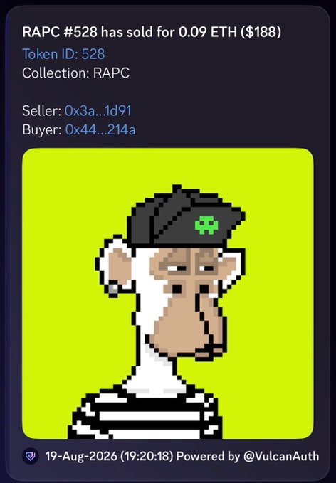 A notification from @VulcanAuth displays that RAPC #528 (Token ID: 528) sold for 0.09 ETH ($188) on 19-Aug-2026, showing a pixelated NFT artwork of a dog-like character wearing a black cap with a green alien logo on a lime green background. The seller (0x3a...1d91) and buyer (0x44...214a) wallet addresses are listed above the image.