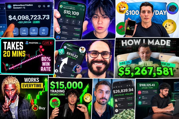 A collage of multiple YouTube thumbnails advertising cryptocurrency and trading success, featuring various creators with large dollar amounts such as '$4,098,723.73', '$5,267,581', and '$15,000 TRADING MEMECOINS', often accompanied by green upward arrows.