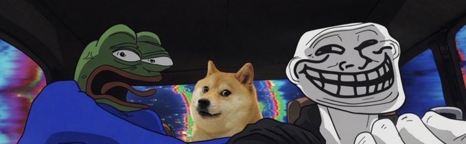 The image is a popular meme featuring the "Doge" Shiba Inu dog sitting in the backseat of a car between two chaotic meme characters—Pepe the Frog on the left and a grinning Trollface figure on the right—set against a psychedelic, colorful background. The caption "MEMECOINS FOREVER" ties directly to Doge being one of the most iconic meme-inspired cryptocurrencies, suggesting that Doge and its meme culture will endure eternally.