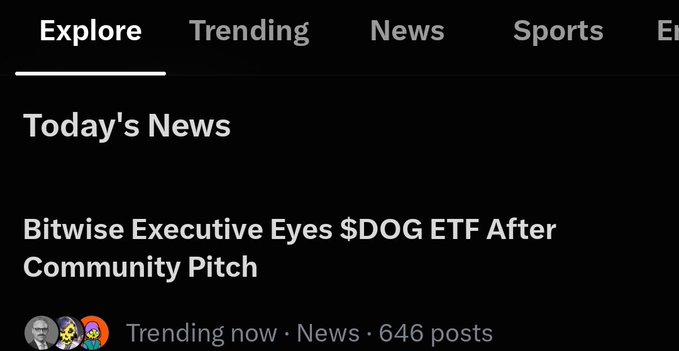 A dark-mode screenshot of an 'Explore' news feed featuring the headline 'Bitwise Executive Eyes $DOG ETF After Community Pitch' under 'Today's News'.