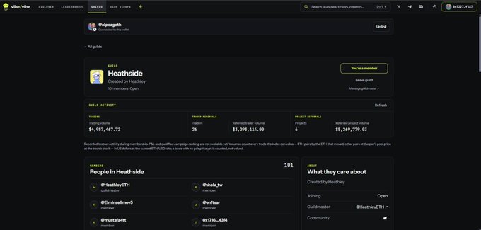 A screenshot of the Vibe (vibe.vibe) website showing the 'Heathside' guild page created by 'Heatlvey', displaying total guild income of $4,957,467.72, trade volume of $3,293,114.00, and a project volume of $5,269,779.03, with 101 members.