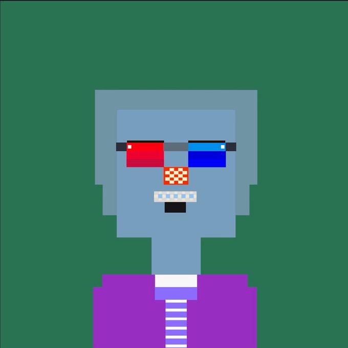 A pixel art character with gray skin wears red and blue 3D glasses and a purple shirt with a striped tie against a green background.