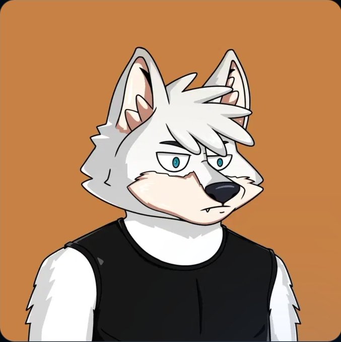 An illustration of an anthropomorphic white wolf or husky character with blue eyes wearing a black tank top against an orange background.