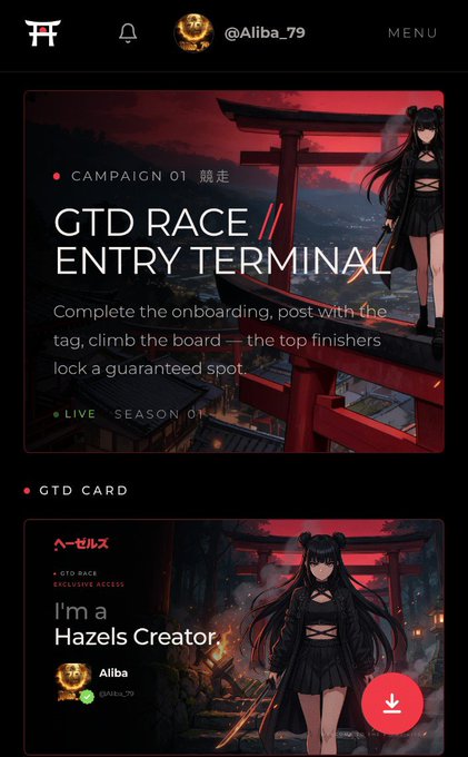A dark-themed app interface featuring anime artwork of a girl by a torii gate, with text reading "CAMPAIGN 01," "GTD RACE // ENTRY TERMINAL," and a user profile for "@Aliba_79."