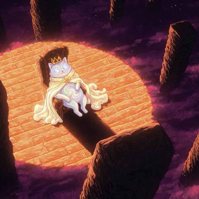 An illustration depicts a white cat wearing a crown and cape sitting on a throne, illuminated by a circular spotlight in a purple landscape with stone pillars.