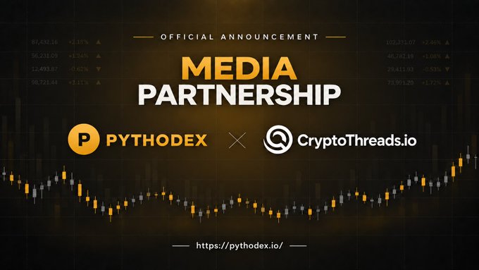 A dark-themed official announcement graphic announces a 'MEDIA PARTNERSHIP' between 'PYTHODEX' and 'CryptoThreads.io' against a background of a financial candlestick chart, with the URL 'https://pythodex.io/' at the bottom.
