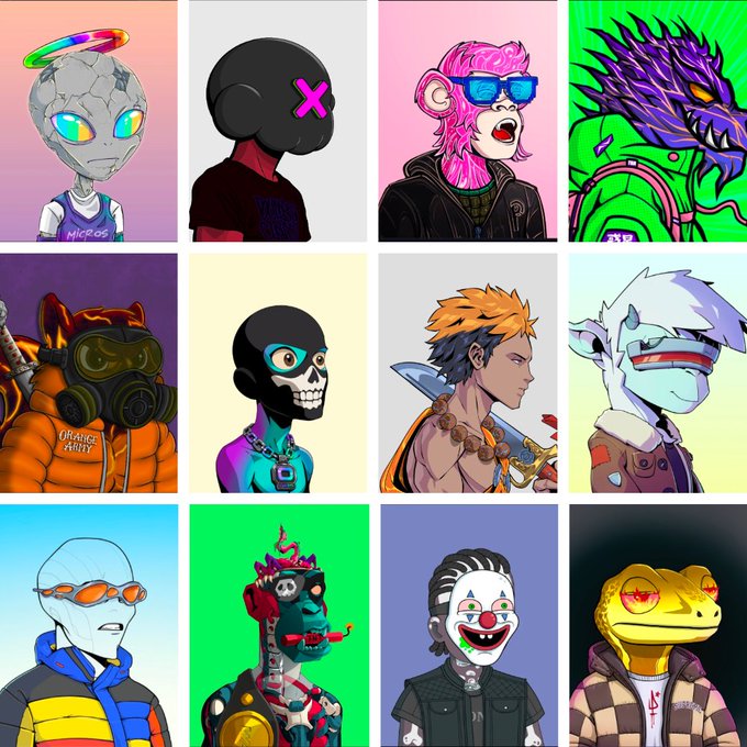A 4x3 grid displaying twelve colorful NFT character artworks from a profile picture collection, featuring various alien, monkey, and skeleton designs in vibrant styles.