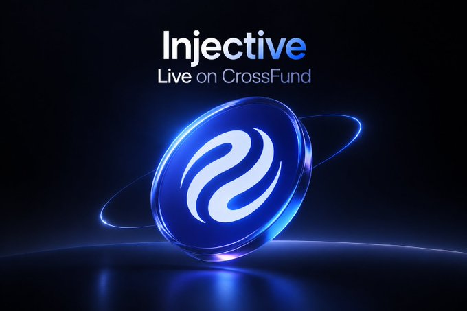 Promotional graphic featuring a 3D blue coin with the Injective logo, accompanied by the text 'Injective Live on CrossFund' against a dark background.