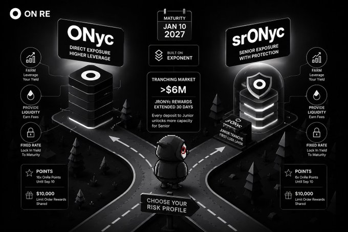 A black promotional graphic titled 'ON RE' featuring 'ONyc' and 'srONyc' options for direct/senior exposure with protection, built on Exponent, with details like 'MATURITY JAN 10 2027' and 'TRANCHING MARKET >$6M'.