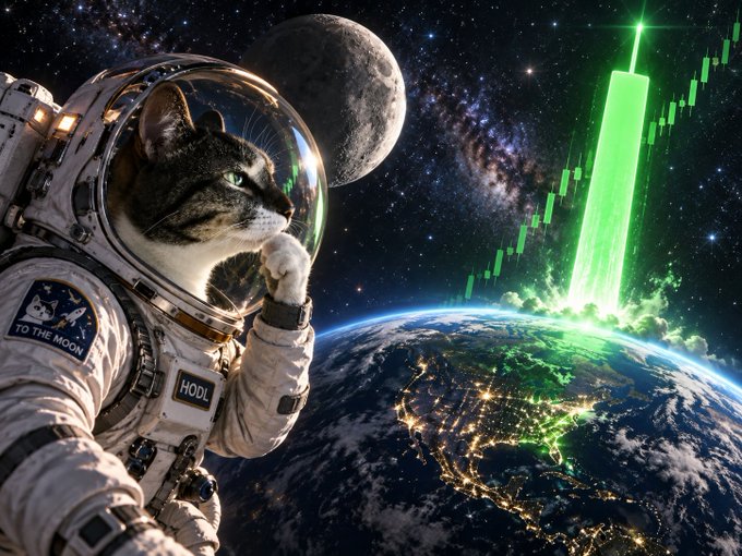 A tabby cat astronaut wearing a spacesuit labeled "HODL" and a "TO THE MOON" patch gazes thoughtfully at Earth from space, with a massive green candlestick chart rocketing skyward on a chart-shaped launch pad—perfectly capturing the "god candle" meme about an explosive, moon-bound crypto rally.