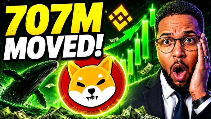 A YouTube thumbnail featuring a shocked-looking man in glasses with the text '707M MOVED!' alongside a Shiba Inu (SHIB) logo, green upward candlesticks, the Binance logo, and stacks of dollar bills.