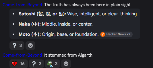 Hacker News comment by Come-from-Beyond explaining that 'Satoshi Nakamoto' translates to 'Wise, intelligent, or clear-thinking' middle center origin, and stemmed from Algarth.