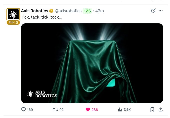 A tweet from Axis Robotics (@axisrobotics) shows a teaser image of an object under a green silk cloth with light rays, captioned "Tick, tack, tick, tock..."