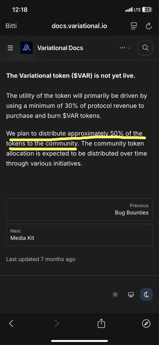 A mobile screenshot of Variational Docs showing text about the Variational token ($VAR), with the phrase 'tokens to the community' highlighted in yellow.