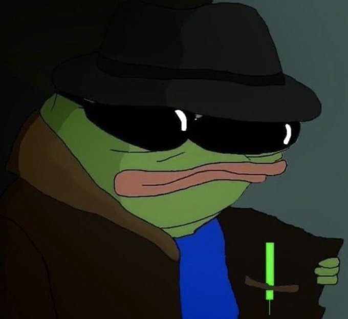 A Pepe the Frog meme styled as a cool, edgy character wearing a black fedora and dark sunglasses, holding a glowing green lightsaber while wearing a trench coat.