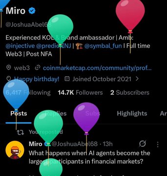 A Twitter profile for "Miro" (@JoshuaAbel68) is decorated with colorful birthday balloons, fitting the celebratory "Happy birthday to me!" post. The profile shows 14.7K followers and highlights Miro's roles as a KOL/ambassador for @injective, @predictINJ, and @symbol_fun in the Web3 space.
