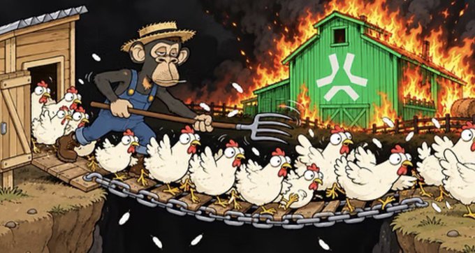 A cartoon illustration of a monkey farmer herding panicked chickens across a bridge toward a burning green barn marked with a logo, with feathers flying everywhere.