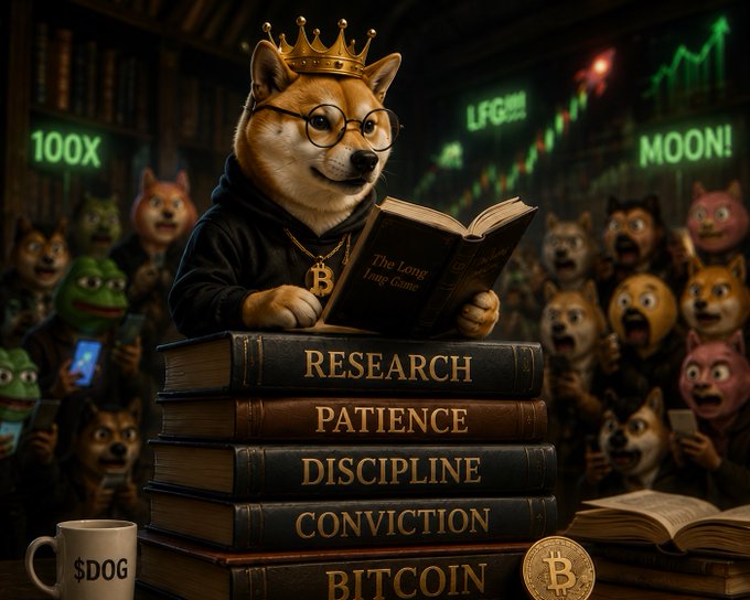 A crowned Shiba Inu dog wearing glasses and a Bitcoin necklace reads "The Long Long Game" while perched atop a stack of books labeled "RESEARCH," "PATIENCE," "DISCIPLINE," "CONVICTION," and "BITCOIN," surrounded by hyped meme characters chanting "100X," "LFG," and "MOON!"—visually contrasting disciplined conviction with the chaotic hype culture that the post claims "$DOG" transcends through true utility.