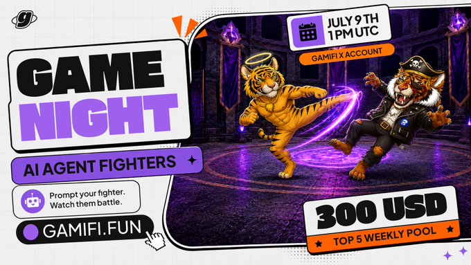 A promotional banner for a "GAME NIGHT" on "GAMIFI.FUN" featuring "AI AGENT FIGHTERS," dated "JULY 9TH 1PM UTC," with a "300 USD TOP 5 WEEKLY POOL" and an illustration of an anthropomorphic tiger and lion fighting.