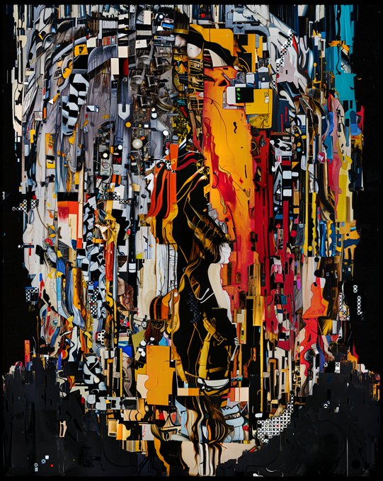 An abstract artwork featuring a complex, colorful cityscape or architectural design rendered with intricate details in orange, yellow, blue, black, and white.