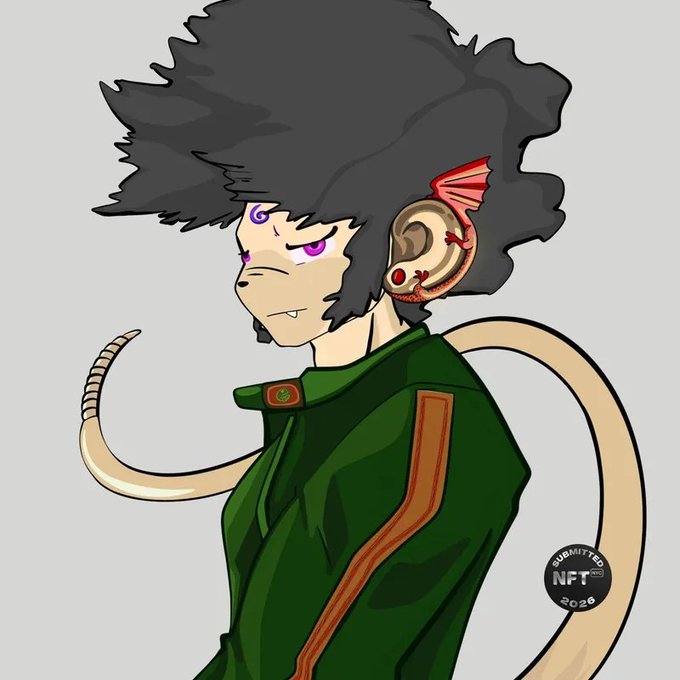 An anime-style digital illustration of a character with wild black hair, purple eyes, monkey-like ears, a tail, and a green jacket, with a 'NFT NFO 2026' watermark in the corner.