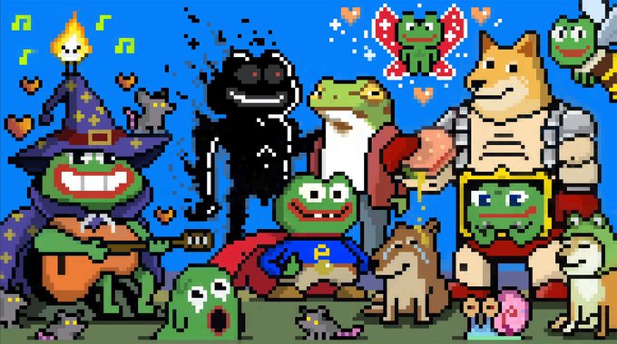 A pixel art illustration featuring various whimsical characters including frogs, a frog wizard, a dog, a snail, and a black shadow figure against a blue background.