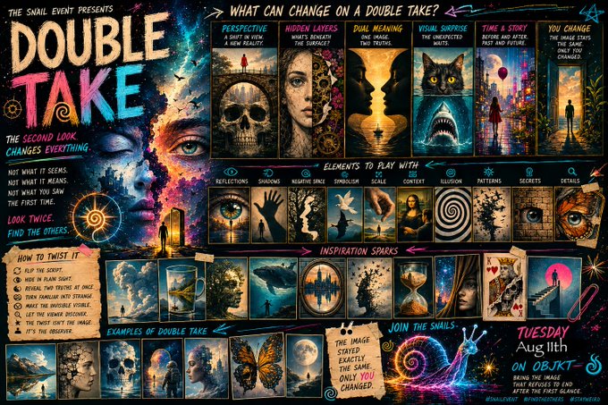 A colorful, complex event poster for 'DOUBLE TAKE,' presented by The Snail Event, exploring the theme of 'The Second Look Changes Everything' with various surreal illustrations, inspiration sparks, and details for a Tuesday event on August 11th.