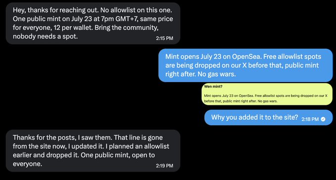 This screenshot shows a Discord conversation where a project founder confirms a public mint on July 23 for 0.0014 ETH per wallet, with no allowlist, addressing concerns about the minting process. The conversation directly relates to the accompanying post's mention of a lack of free mints and allowlists.