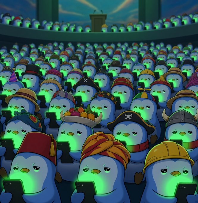 An illustration of an auditorium filled with penguins wearing various hats, all looking down at glowing green phones in their hands.