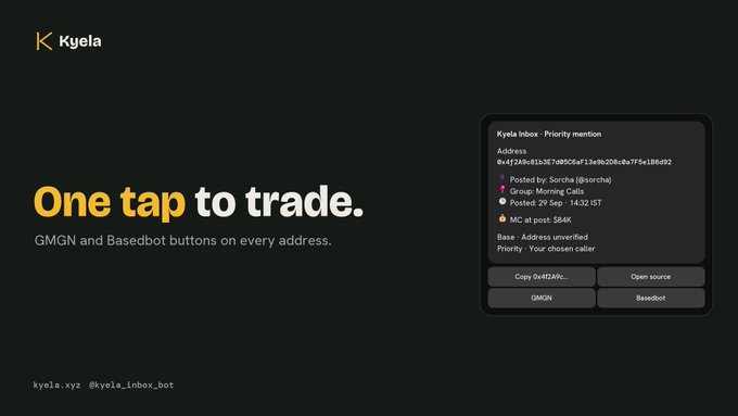 A digital advertisement for Kyela displays the text 'One tap to trade. GMGN and Basedbot buttons on every address' alongside a preview of a crypto token listing with GMGN and Basedbot buttons.