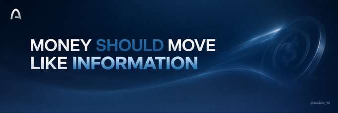 A banner with the text 'MONEY SHOULD MOVE LIKE INFORMATION' featuring a dark blue background with abstract light waves and a stylized 'A' logo.