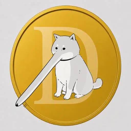 A cartoon cat-dog hybrid with an exaggerated elongated nose sits inside a gold coin emblem, parodying the Doge meme in the style of $DOGE branding to match the post's mention of "$Dagecuin," a meme coin riff on the long-nosed Doge concept.