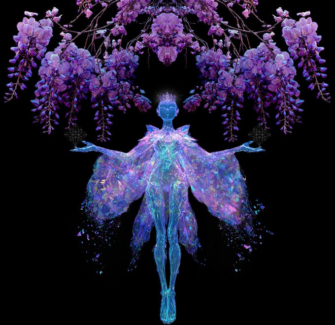 A digital artwork featuring a glowing, translucent blue figure in a meditative pose surrounded by cascading purple wisteria flowers against a black background.