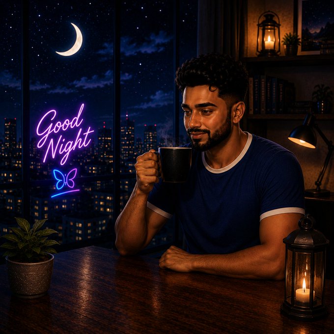 A man sipping from a mug at a desk at night, with a 'Good Night' neon sign, crescent moon, and city skyline visible through the window.