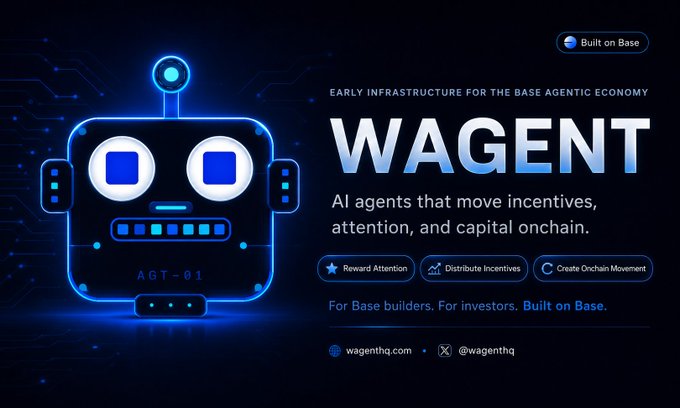 The image features a robot with blue lights on its face that says "WAGENT" written in white letters, surrounded by blue lights. It appears as if the robot is interacting with the viewer or making a statement about the importance of AI agents. The text above and below the robot reads "AI agents that move incentives, attention, and capital on the base economy". This suggests that the image is promoting the idea that AI agents can be valuable in various aspects of life, including business and financial matters.