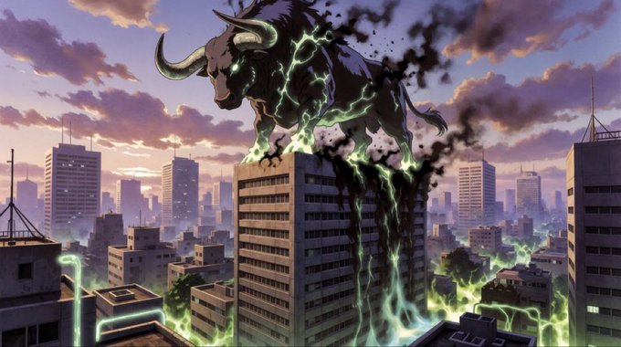 A colossal, dark beast resembling a bull charges atop a city skyscraper amid green lightning and crumbling destruction, evoking a market-crashing moment that ties to the meme post asking "$ANSEM."