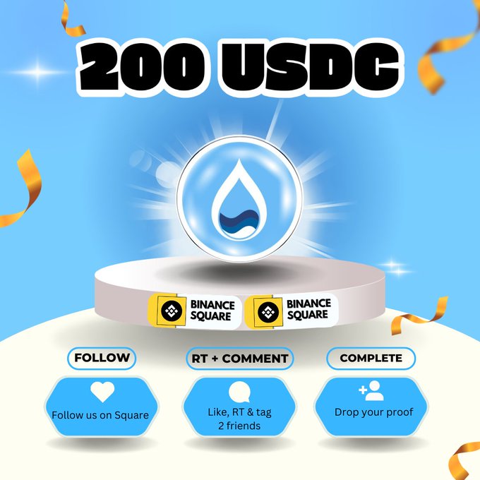 A promotional graphic announces a **200 USDC giveaway** on **Binance Square**, featuring the **SUI token logo** on a podium with confetti in the background. The image outlines three steps to participate: **Follow** Binance Square, **RT + Comment** by liking, retweeting and tagging 2 friends, and **Complete** by dropping proof of entry, matching the post's call to action for a "$SUI" share reward.
