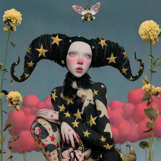 A surreal portrait of a pale figure with large curved black horns decorated with gold stars, wearing a matching star-patterned outfit, surrounded by yellow flowers, pink clouds, and a large pink butterfly.