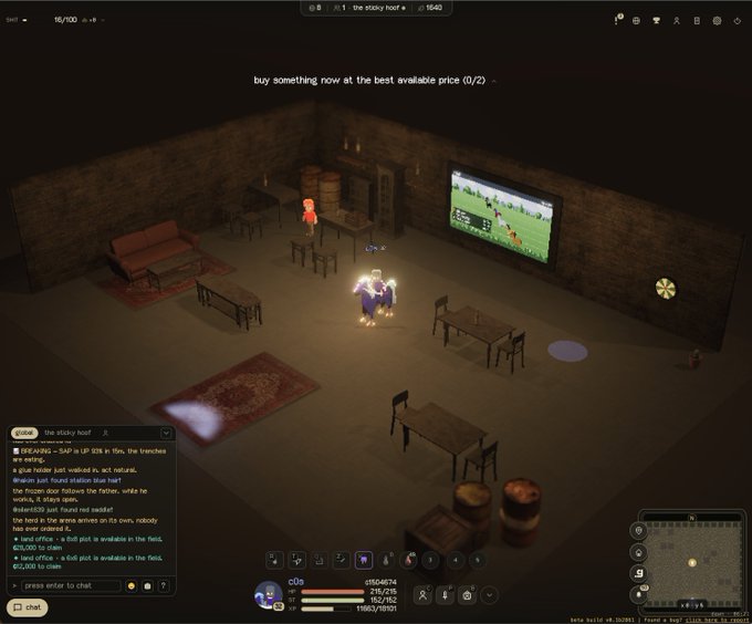 A screenshot from an isometric RPG/MMO game showing characters in a tavern setting with a TV screen on the wall, displaying quest text 'buy something now at the best available price (0/2)' and chat from user 'greavus'.