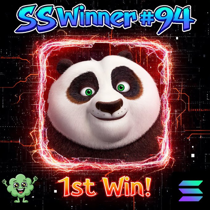 A panda character with a wide-eyed, smiling expression appears inside a glowing red portal frame, captioned "SS Winner #94" at the top and "1st Win!" at the bottom, celebrating @Maverickk_0's victory on Day 94 of the Smurf Spotlight V2 giveaway.