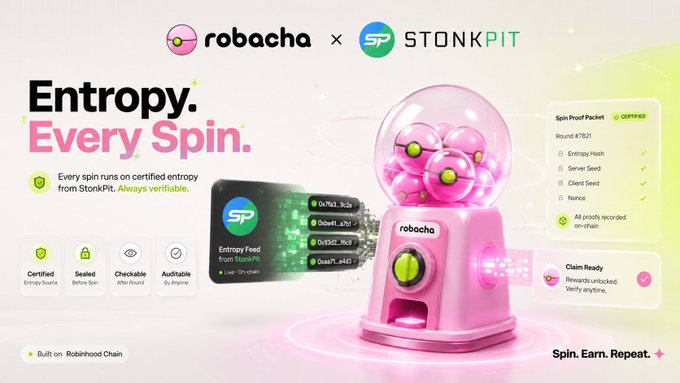 The image shows a promotional graphic for Robacha x StonkPIT featuring a pink gumball-style machine dispensing pink capsules, with text reading "Entropy. Every Spin." and highlighting verified on-chain entropy through "Spin-Proof Packets" and "Entropy Feed." It relates to the post by showcasing Robacha's integration of $DERP as their entropy source, emphasizing the verifiable randomness and auditability of their system on Robinhood Chain.