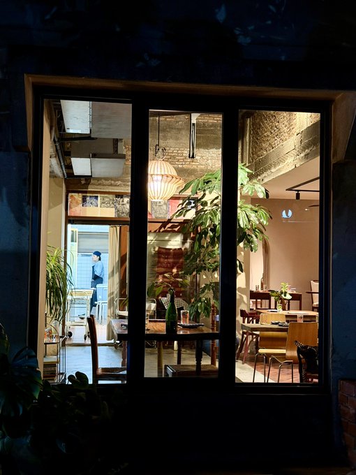 A view through a window into a warmly lit cafe or restaurant at night, showing a hanging lamp, lush plants, and a person standing inside. The cozy, intimate setting contrasts with the post's theme of financial risk, as the quiet interior mirrors the pause and reflection that often follows a significant loss like the Bitcoin short mentioned.