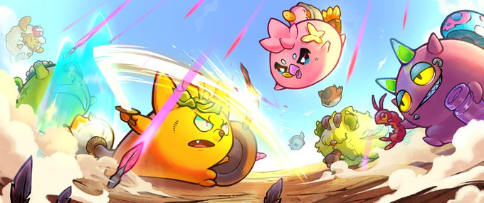 A vibrant scene from Axie Infinity showing colorful, cute creature characters (Axies) in an energetic battle, with a yellow Axie wielding a sword mid-attack surrounded by other unique digital pets, perfectly capturing the game's collectible monster battling concept.