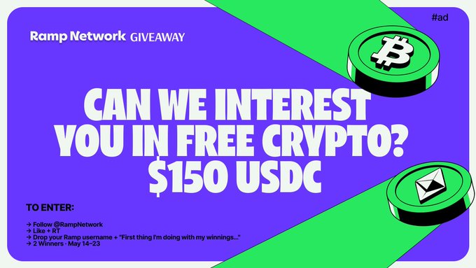 The image features a vibrant poster for Ramp Network, an online cryptocurrency wallet platform. The poster has two Bitcoins displayed prominently on its surface. In the lower right corner, there's a question that reads, "Can we interest you in free crypto?". Below this, there are instructions on how to enter and participate in the offer provided by the website: click through to the linked post for more information.