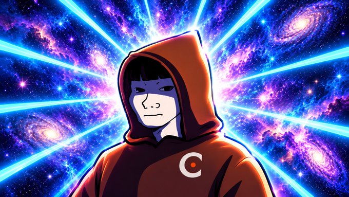 An anime-style illustration of a figure wearing an orange hooded jacket with a white "C" logo, set against a vibrant cosmic background with galaxies and radiating blue light beams.