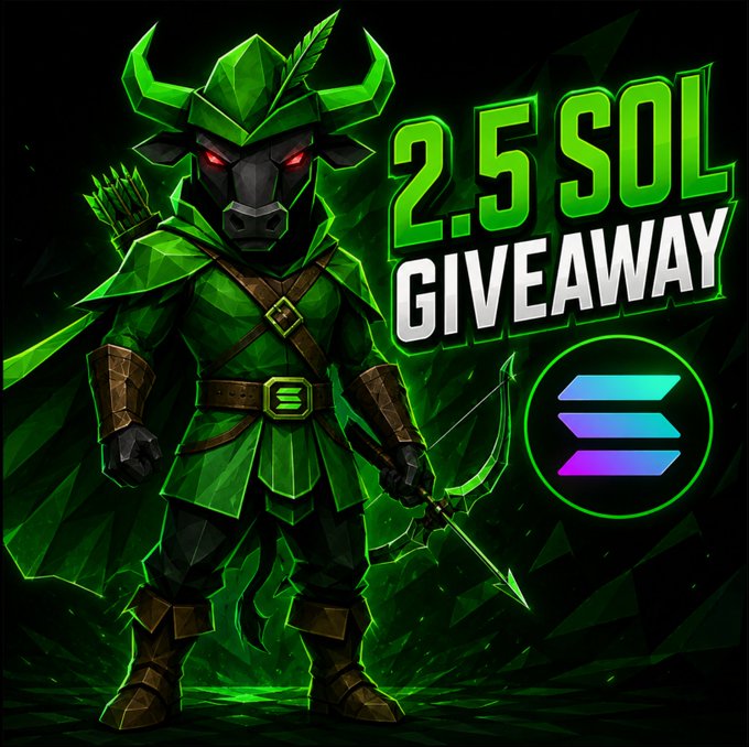 A green-armored archer minotaur character stands beside bold text reading "2.5 SOL GIVEAWAY" alongside the Solana logo, promoting a giveaway of 2.5 SOL to 5 winners who like, retweet, and share their Solana address.