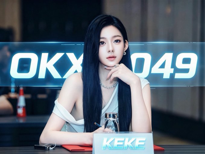 The image features a woman with long black hair sitting at a desk with a "KEKE" nameplate, in front of a glowing "OKX 2049" sign. This connects to the post as she's likely a KOL/ambassador promoting the OKX 2049 event, inviting viewers to join her there.